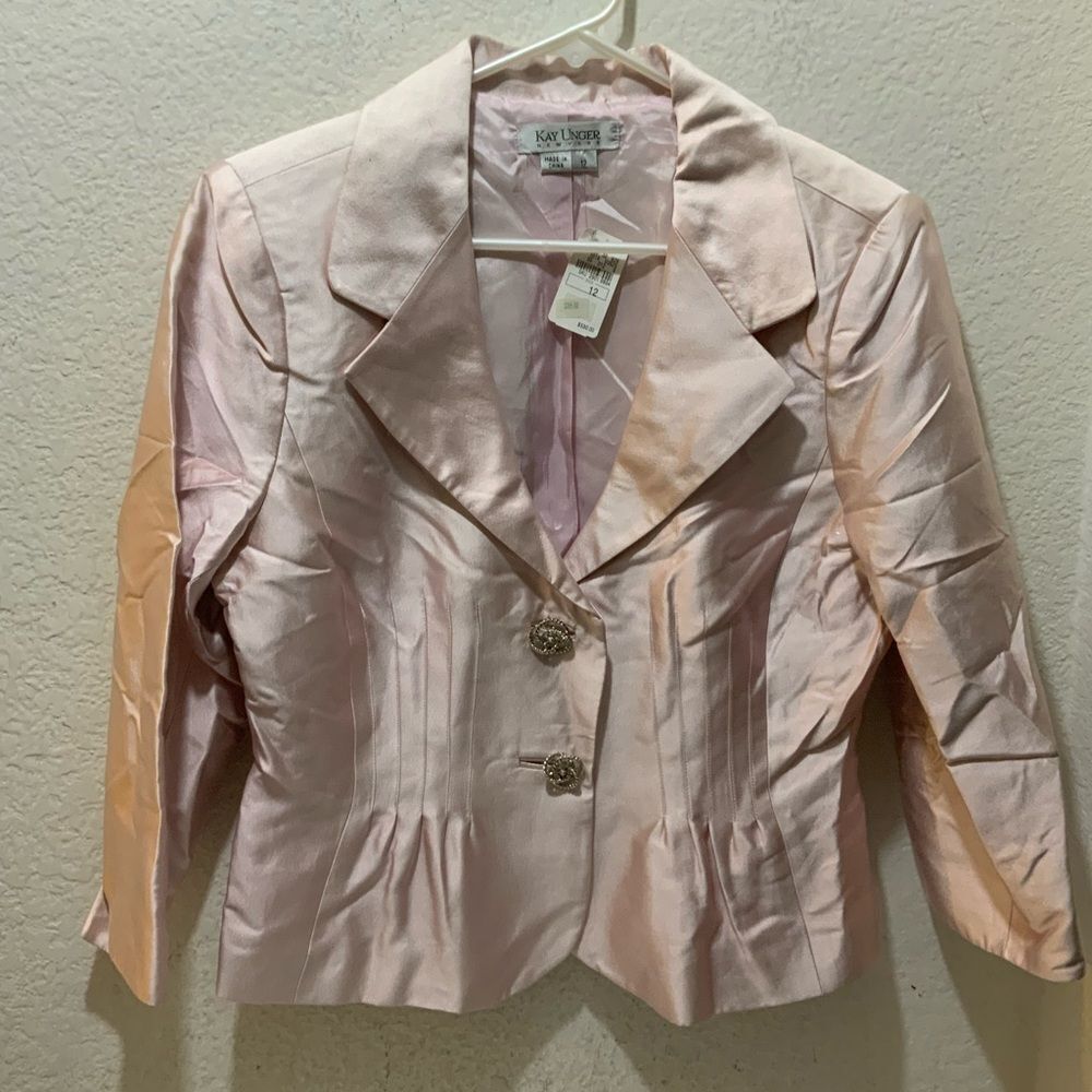 NWT Kay Unger New York Ivory Satin Blazer sz 12 Silk blend Bling Buttons